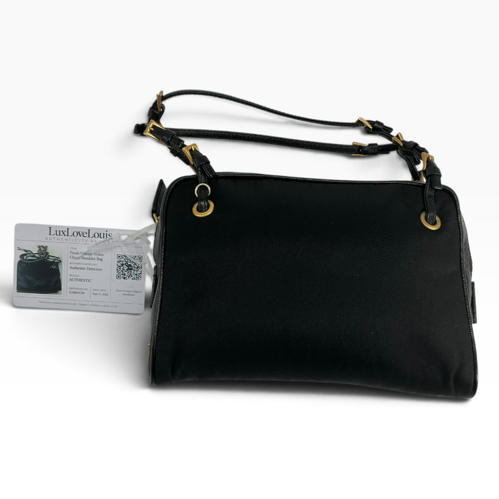 Vintage Prada Tessuto nylon Cervo leather buckle mini bag black front view