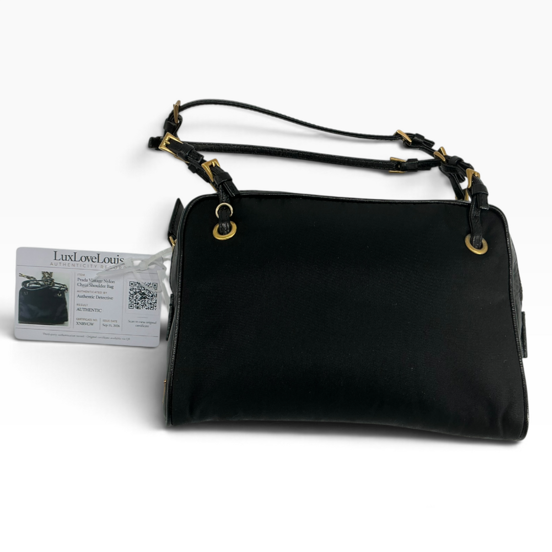 Vintage Prada Tessuto nylon Cervo leather buckle mini bag black front view