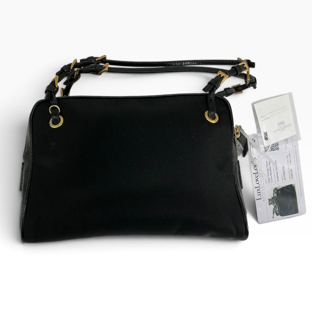 Prada black nylon mini shoulder bag with gold buckle straps
