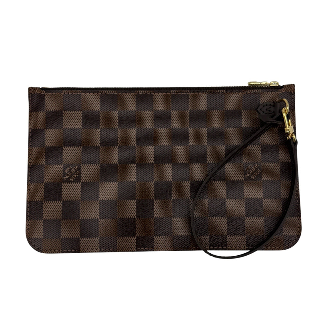 Louis Vuitton Damier Ebene Neverfull pochette wristlet front view with brown leather strap