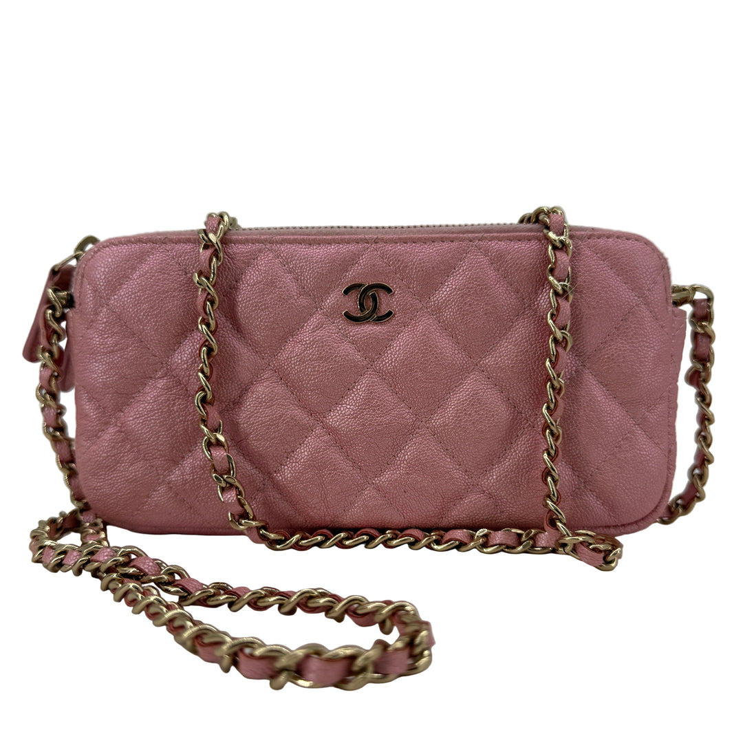 Chanel Pink Caviar Quilted Double Zip Clutch with Chain | LuxLoveLouis