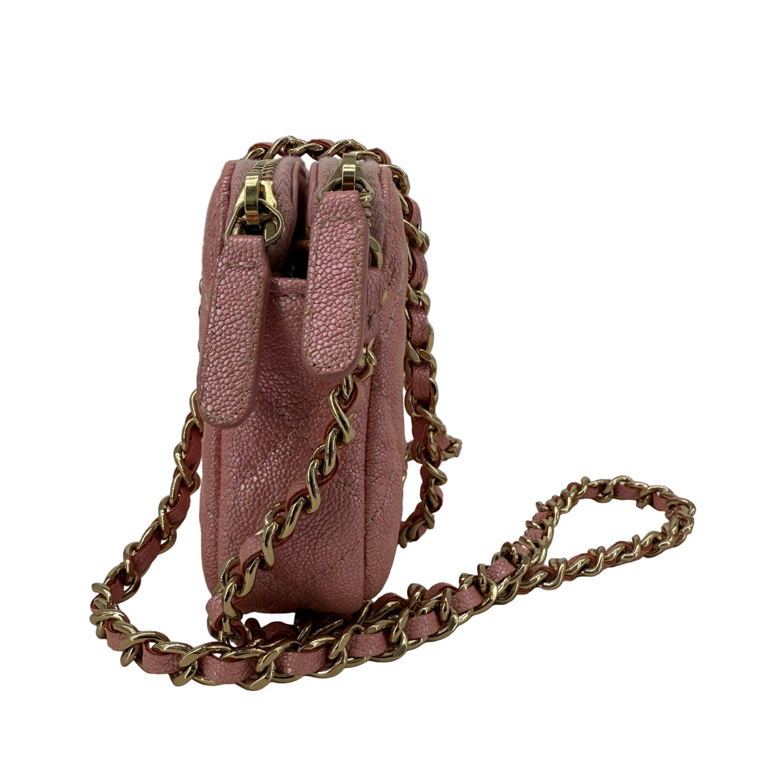 Chanel Pink Caviar Quilted Double Zip Clutch with Chain | LuxLoveLouis