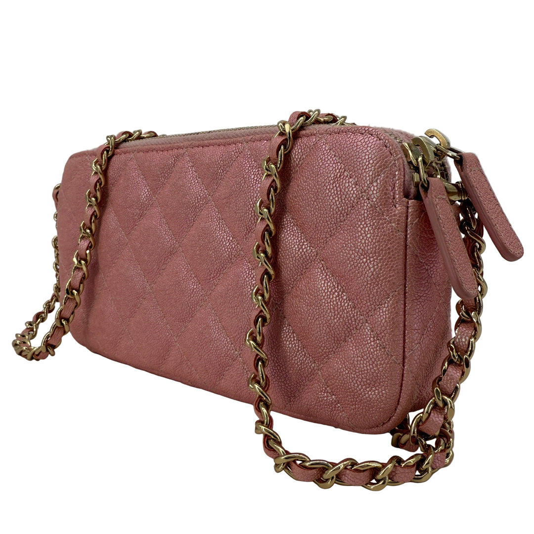 Chanel Pink Caviar Quilted Double Zip Clutch with Chain | LuxLoveLouis