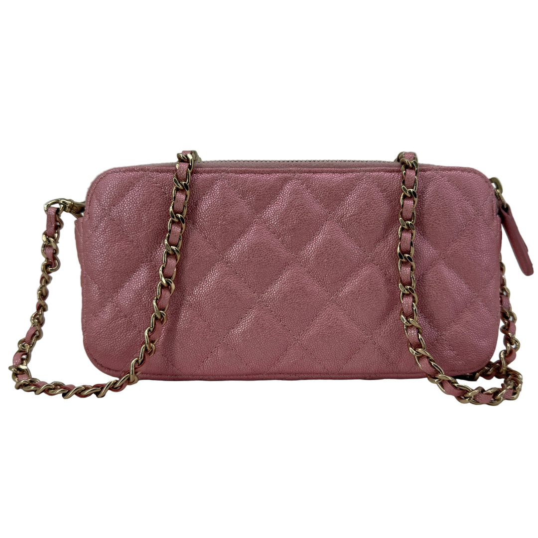 Chanel Pink Caviar Quilted Double Zip Clutch with Chain | LuxLoveLouis