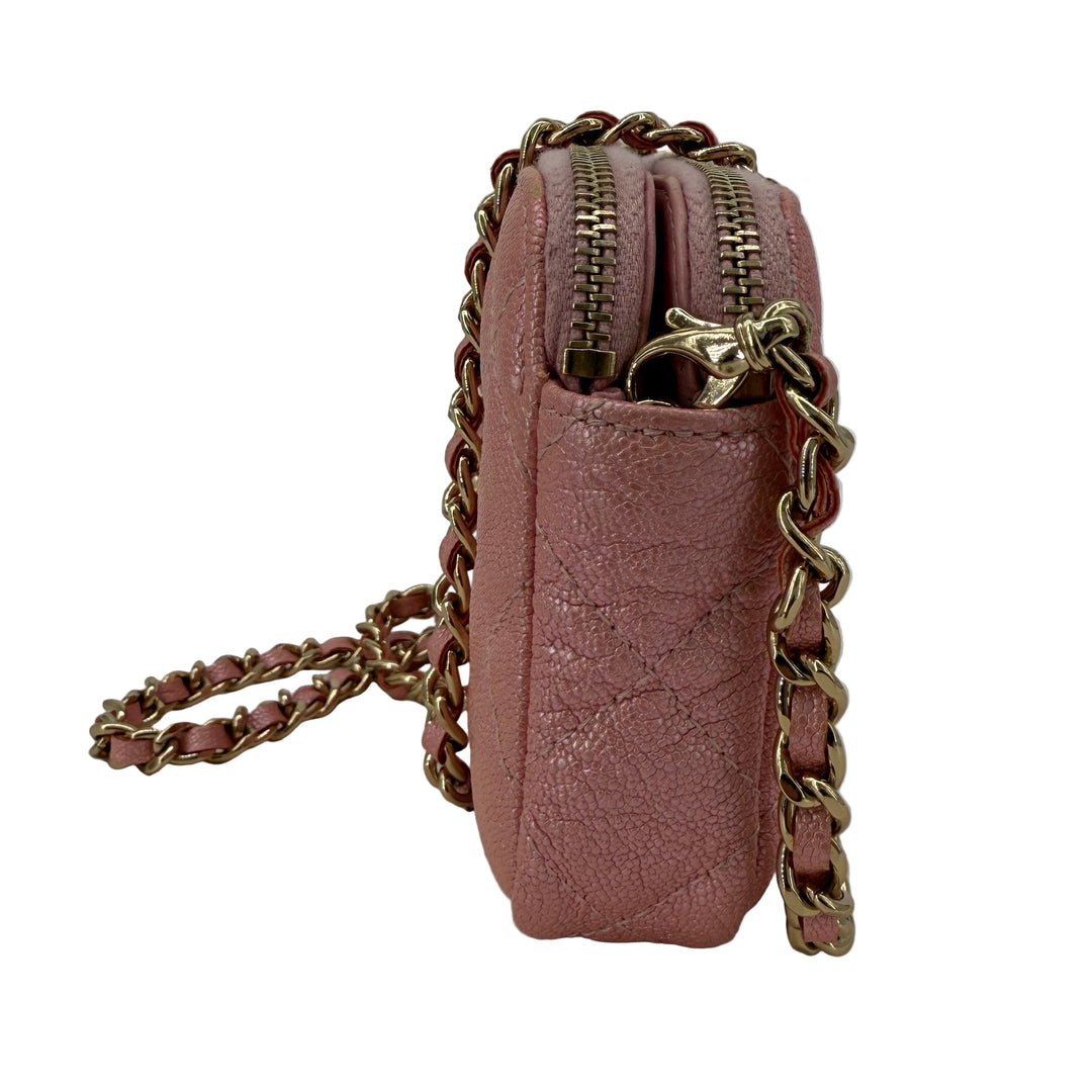 Chanel Pink Caviar Quilted Double Zip Clutch with Chain | LuxLoveLouis
