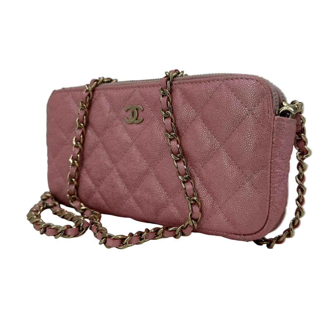 Chanel Pink Caviar Quilted Double Zip Clutch with Chain | LuxLoveLouis