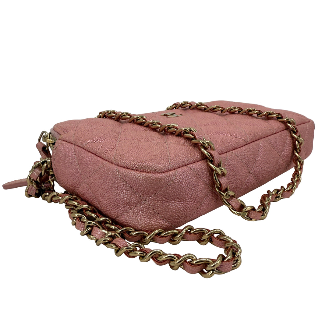 Chanel Pink Caviar Quilted Double Zip Clutch with Chain | LuxLoveLouis