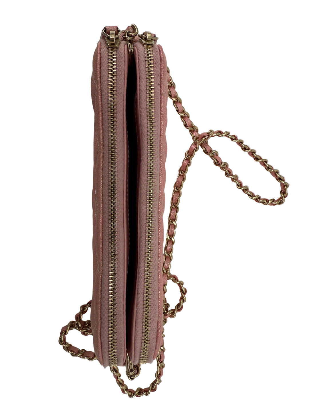 Chanel Pink Caviar Quilted Double Zip Clutch with Chain | LuxLoveLouis