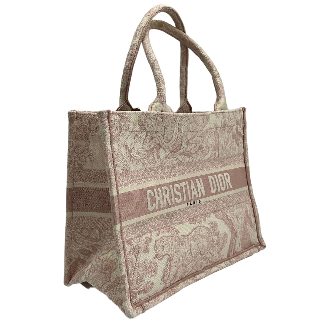 Christian Dior Medium Dioriviera Book Tote in rose embroidered canvas, showcasing elegant Toile De Jouy design.