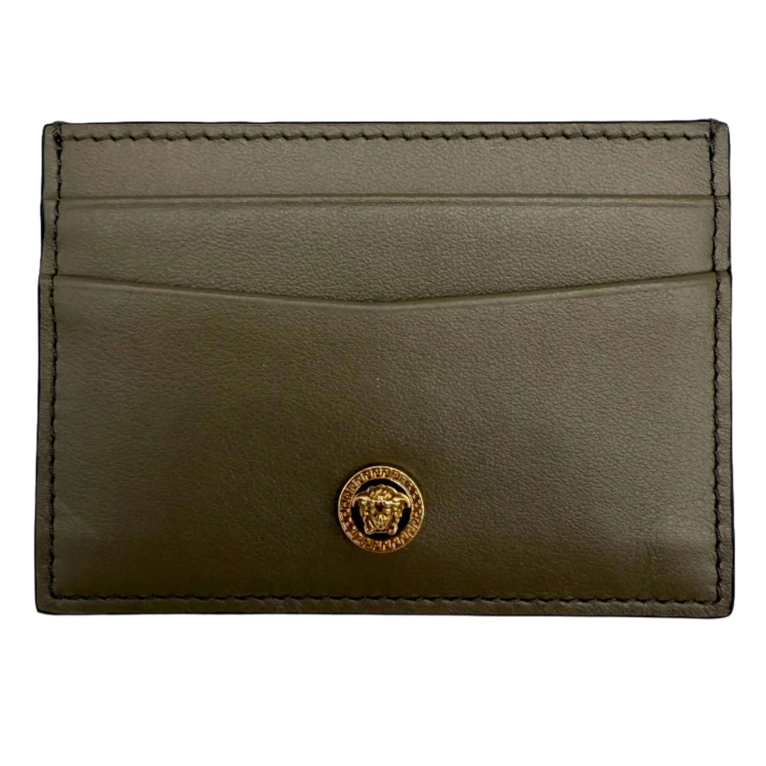 Versace Mini Medusa Leather Card Case Wallet in black with signature Medusa emblem and four card slots.