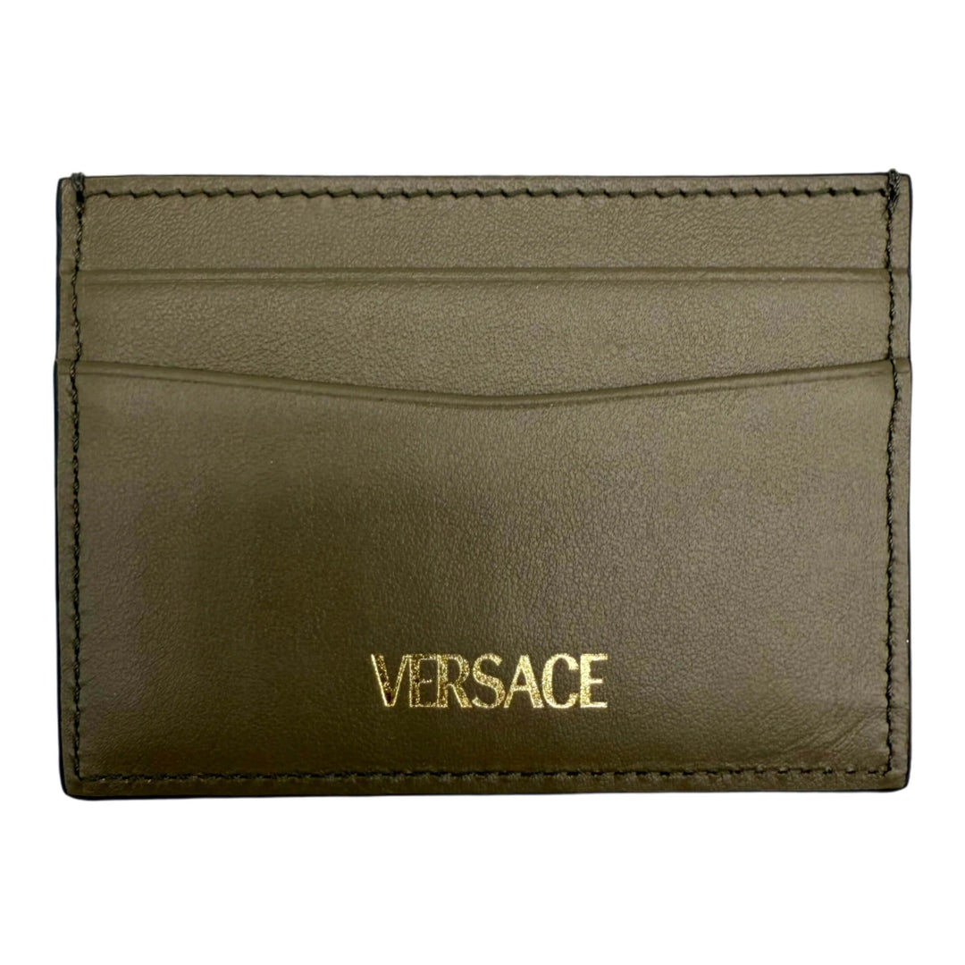 Versace Mini Medusa Leather Card Case Wallet in olive green with gold logo and multiple card slots.