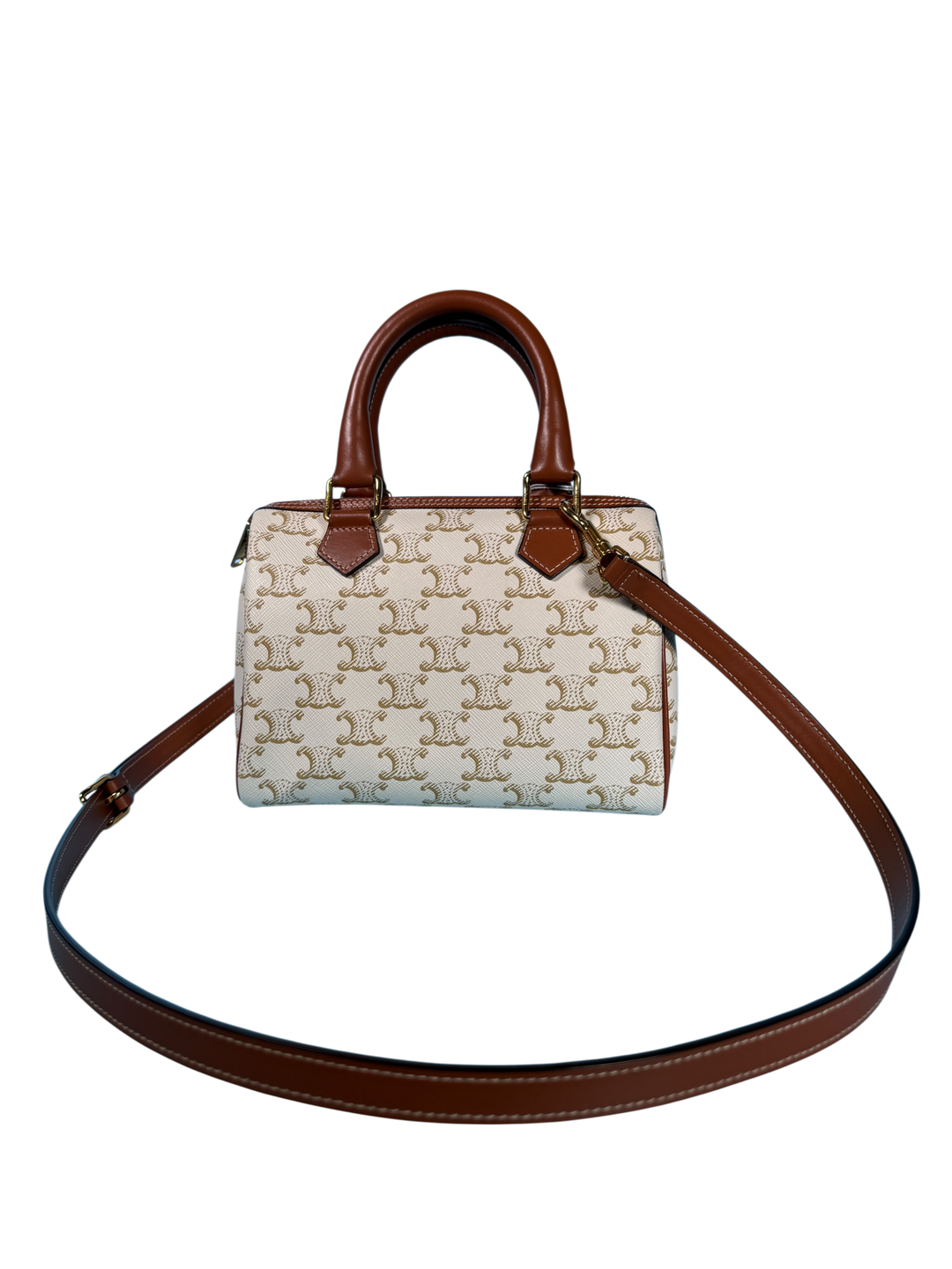 Celine Triomphe Canvas Calfskin Small Boston Bag White