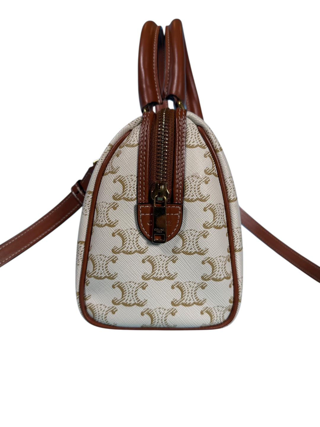 Celine Triomphe Canvas Calfskin Small Boston Bag White