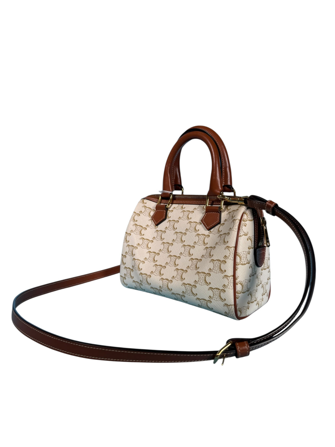 Celine Triomphe Canvas Calfskin Small Boston Bag White