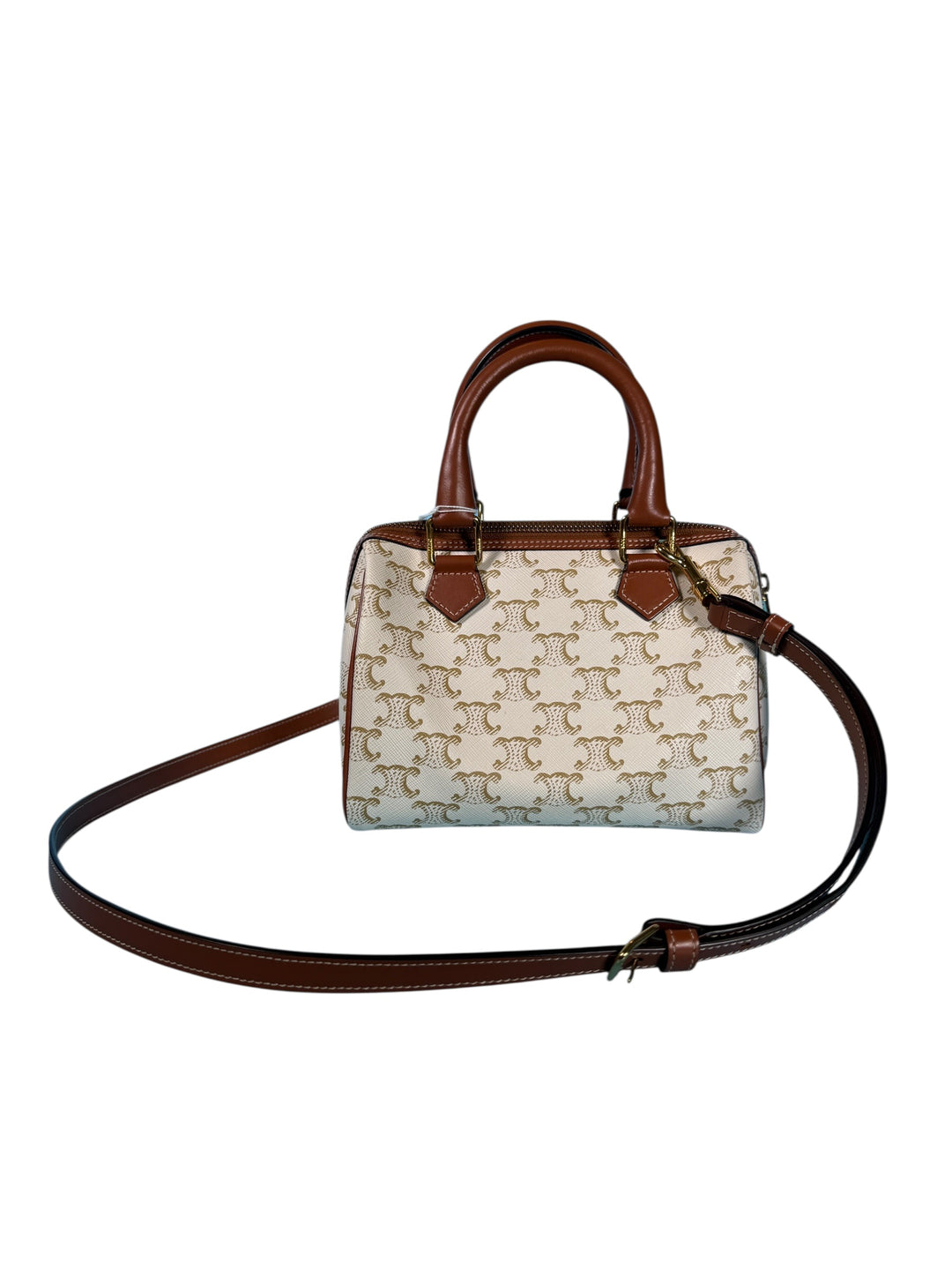 Celine Triomphe Canvas Calfskin Small Boston Bag White