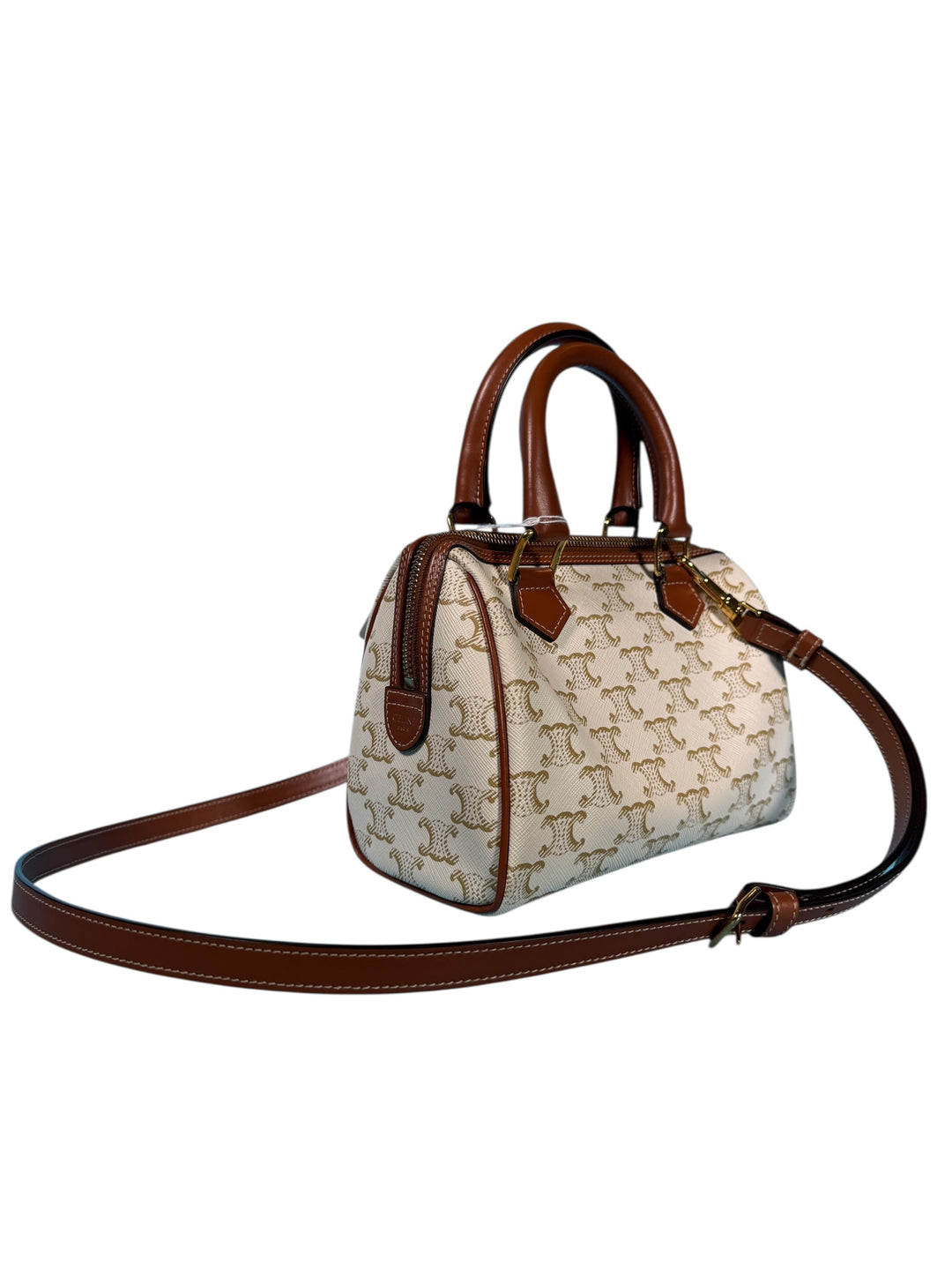 Celine Triomphe Canvas Calfskin Small Boston Bag White
