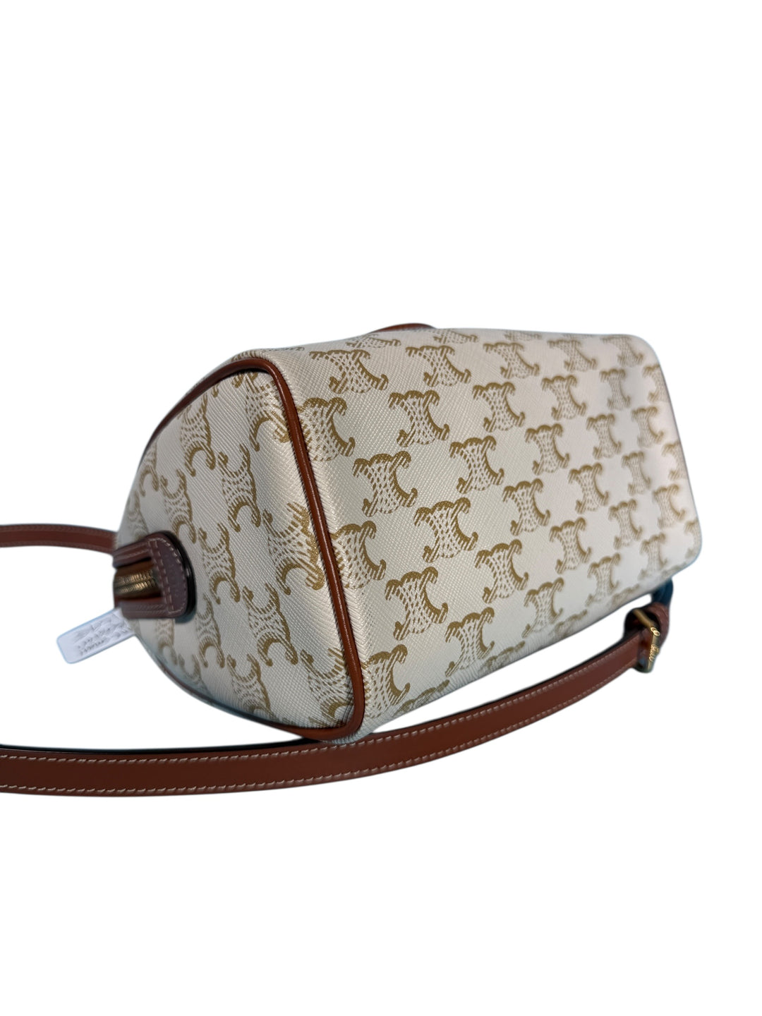 Celine Triomphe Canvas Calfskin Small Boston Bag White