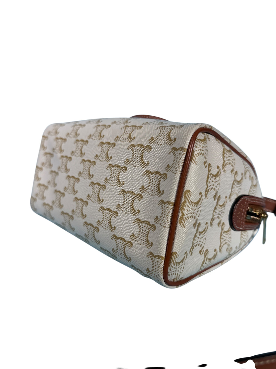 Celine Triomphe Canvas Calfskin Small Boston Bag White