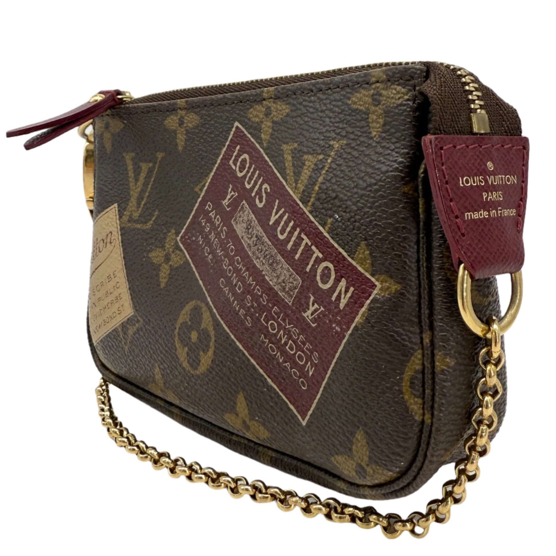 Louis Vuitton Monogram Stamp Mini Pochette Accessories featuring vintage illustrations and chain strap.