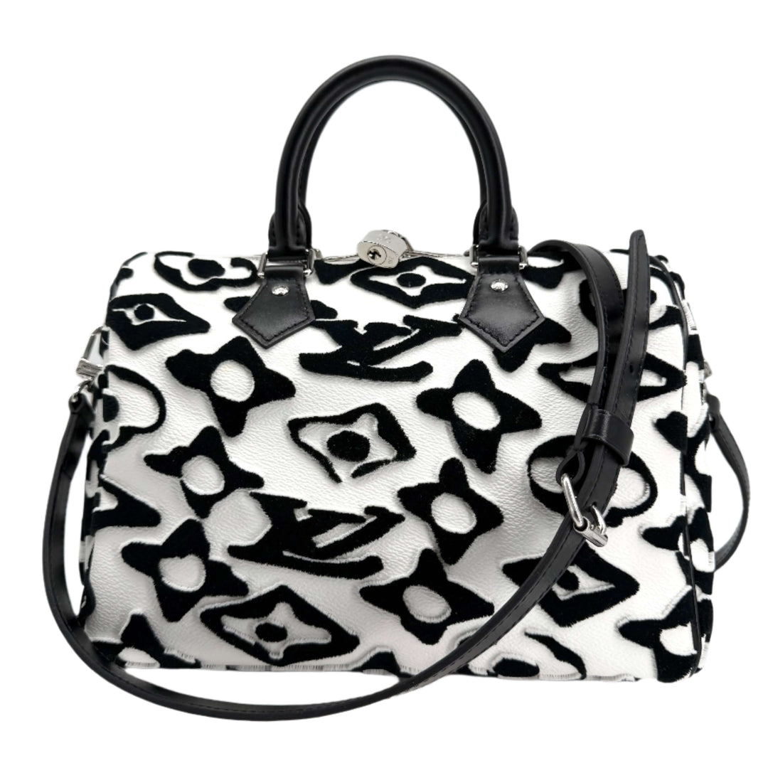 Louis Vuitton x Urs Fischer Speedy Bandoulière 25 in tufted black and white monogram canvas, a limited collector's edition piece.