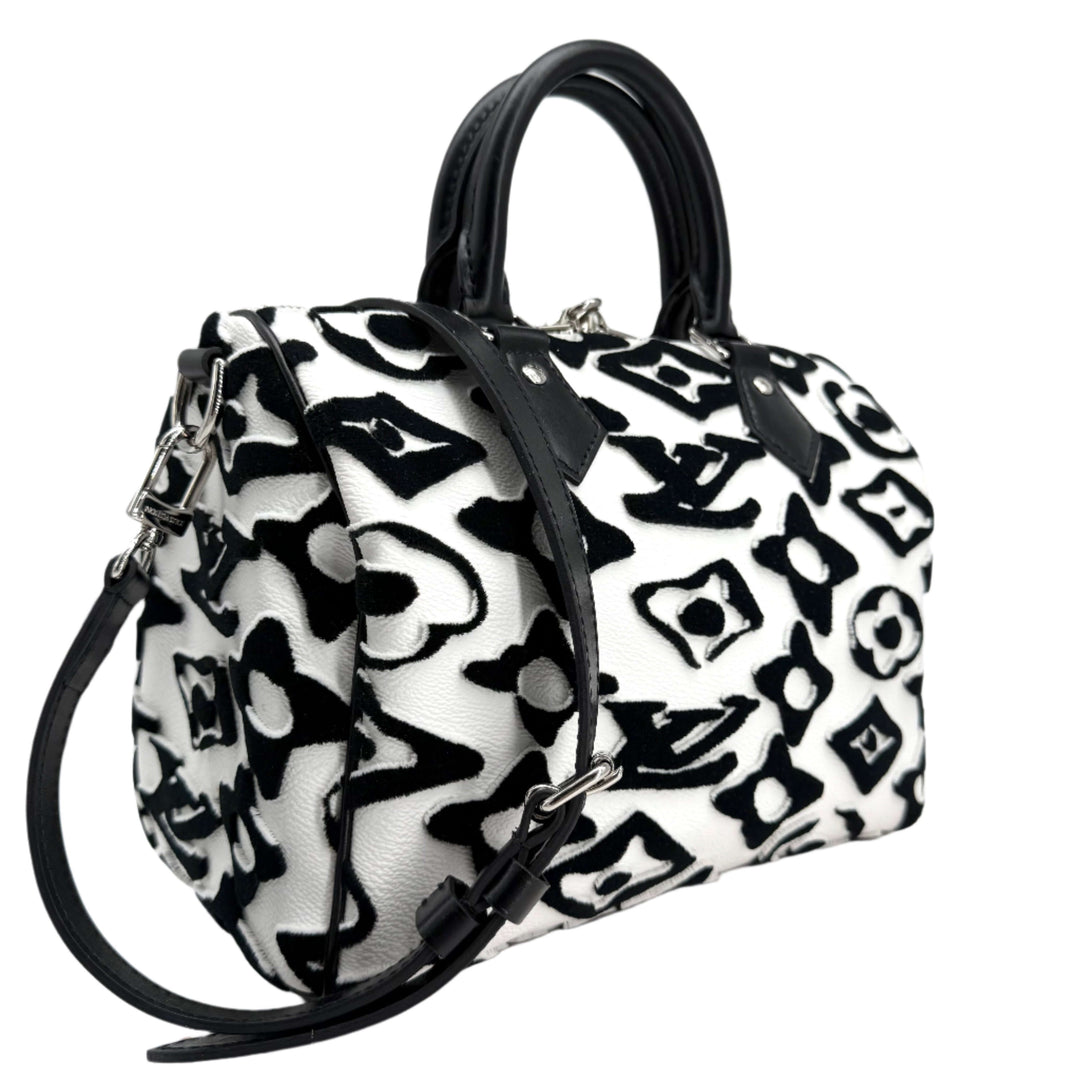 Louis Vuitton x Urs Fischer Speedy Bandoulière 25 in tufted black and white monogram canvas, limited collector's edition.