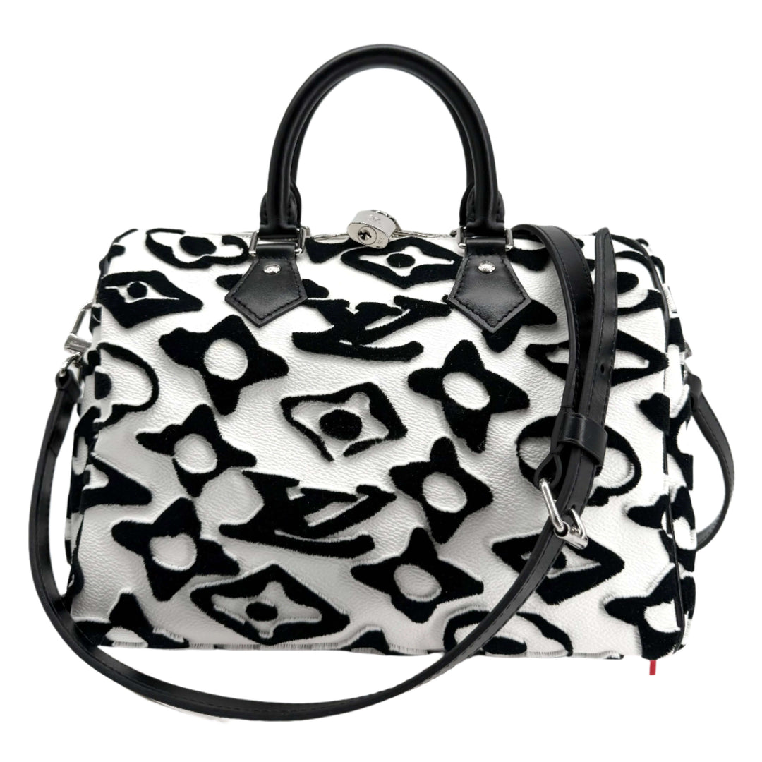 Louis Vuitton x Urs Fischer Speedy Bandoulière 25 bag in tufted white and black monogram, limited collector's edition.