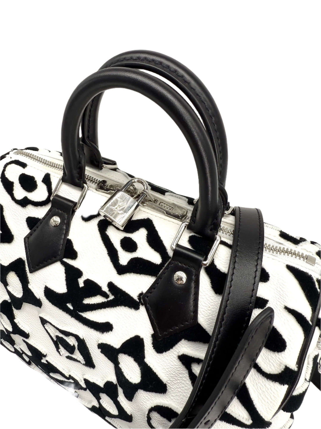 Louis Vuitton x Urs Fischer Speedy Bandoulière 25 top view, tufted monogram pattern in white and black.