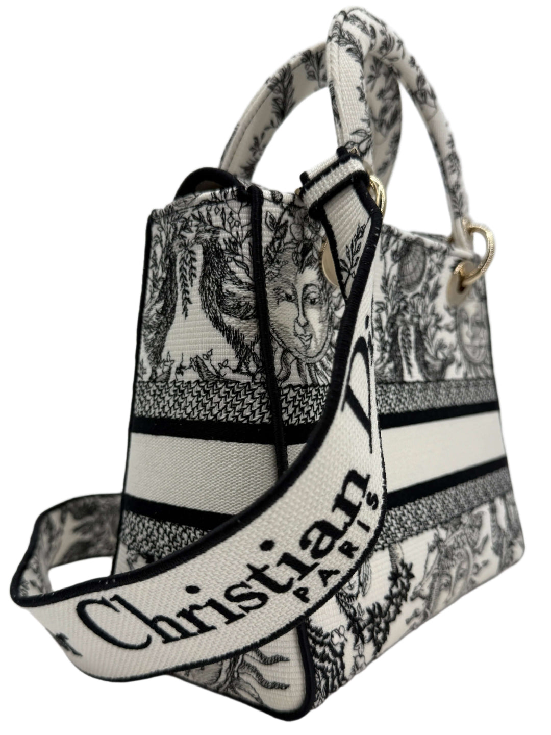 Christian Dior Lady D-Lite Medium Bag in embroidered canvas with iconic design and black and white pattern.