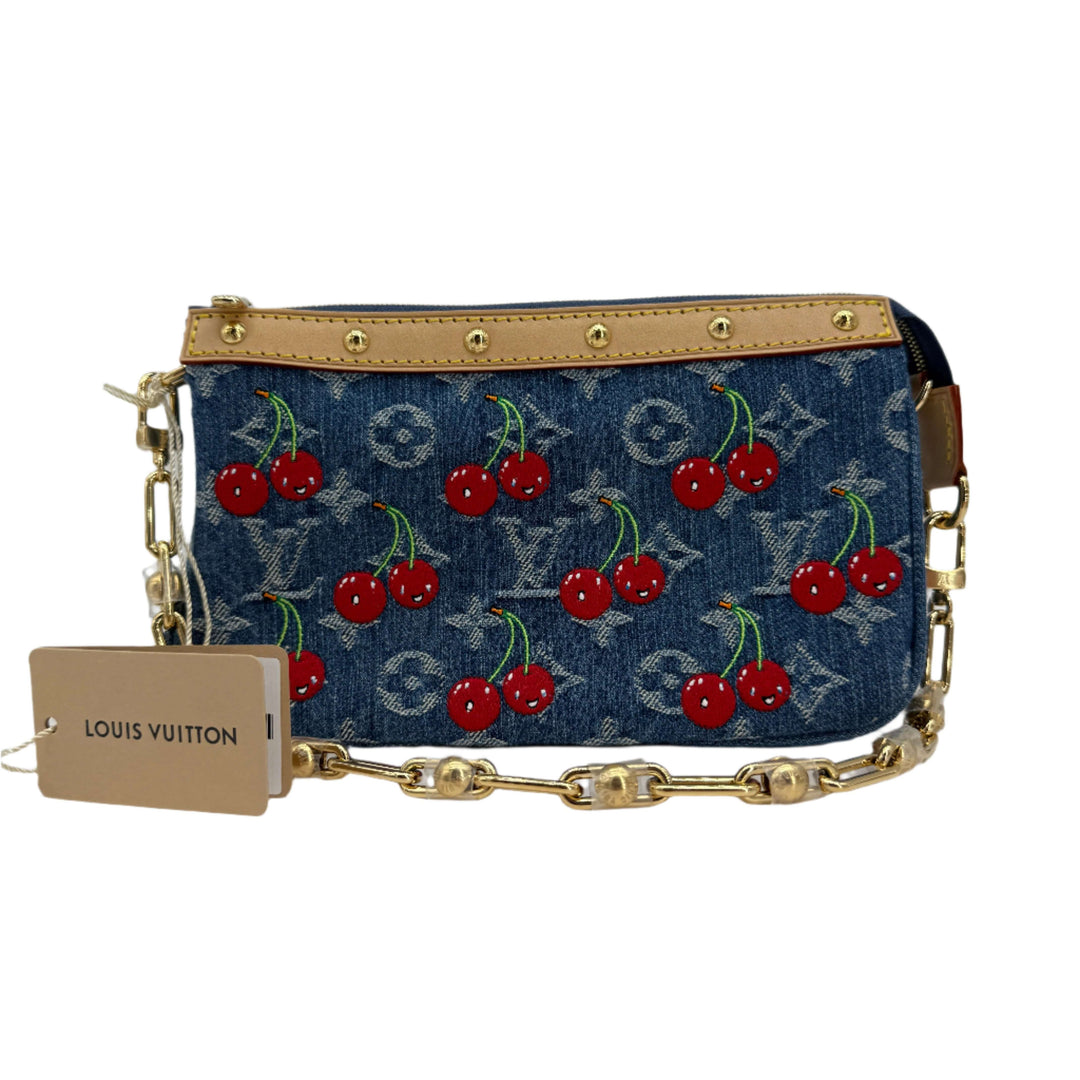 Authentic Louis Vuitton x Murakami Pochette Accessoires in Monogram Cherry Denim with gold chain detailing.