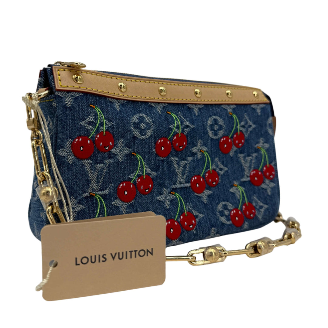Authentic Louis Vuitton x Murakami Pochette Accessoires in monogram cherry denim with gold chain and iconic cherry design.