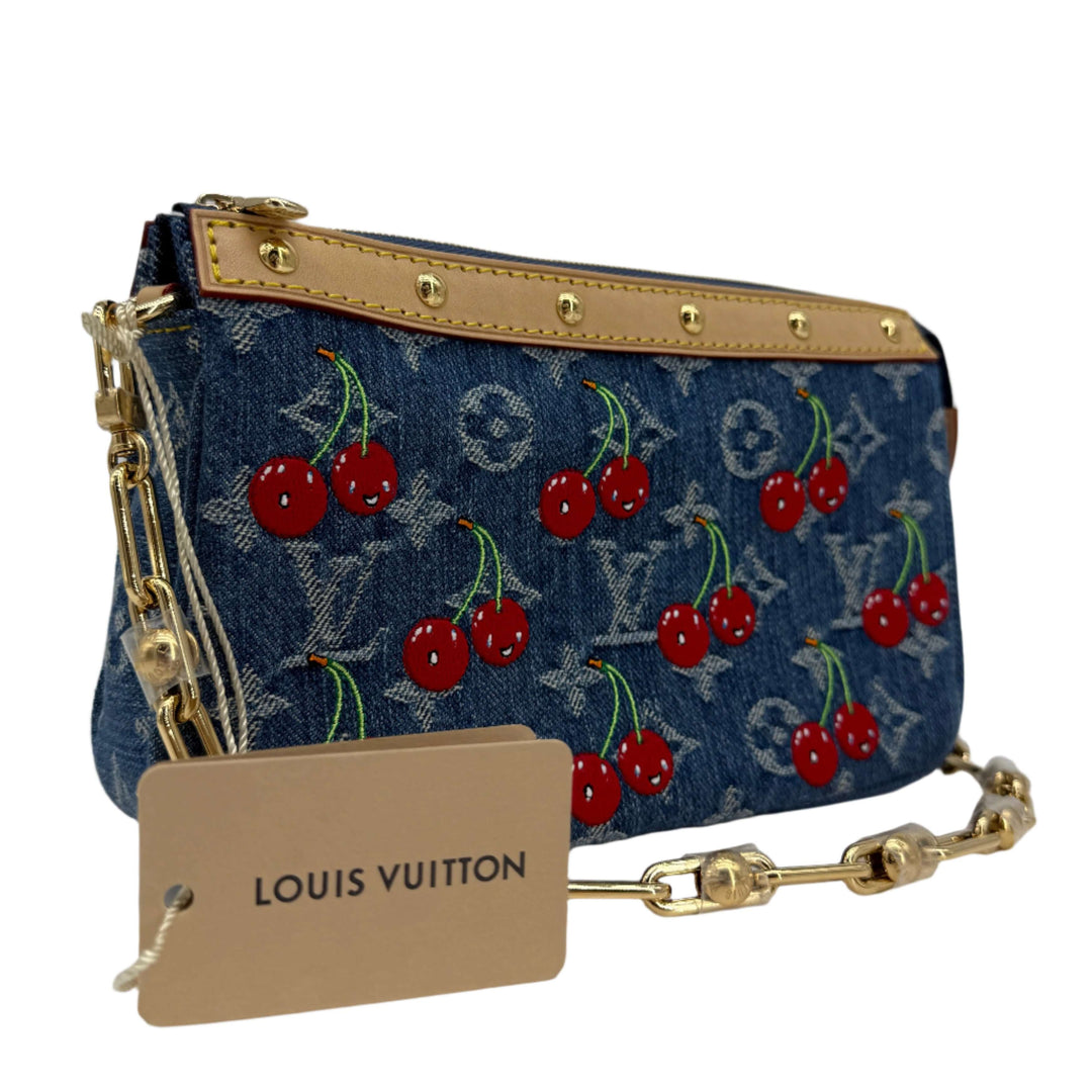 Authentic Louis Vuitton x Murakami Pochette Accessoires in Monogram Cherry Denim, a rare collectible handbag with cherry motifs.