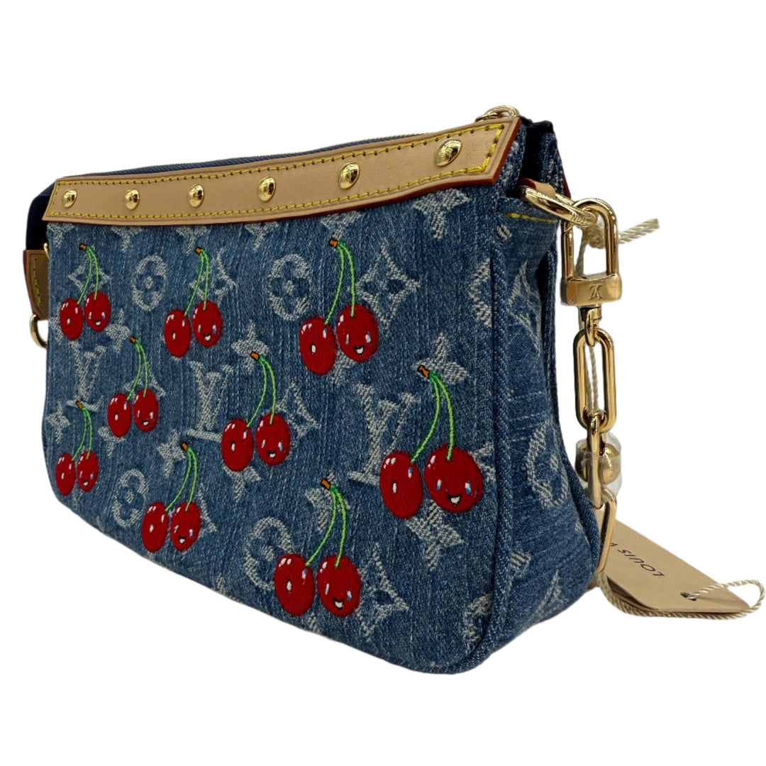 Authentic Louis Vuitton x Murakami Pochette Accessoires in Monogram Cherry Denim, showcasing iconic cherry design and denim fabric.