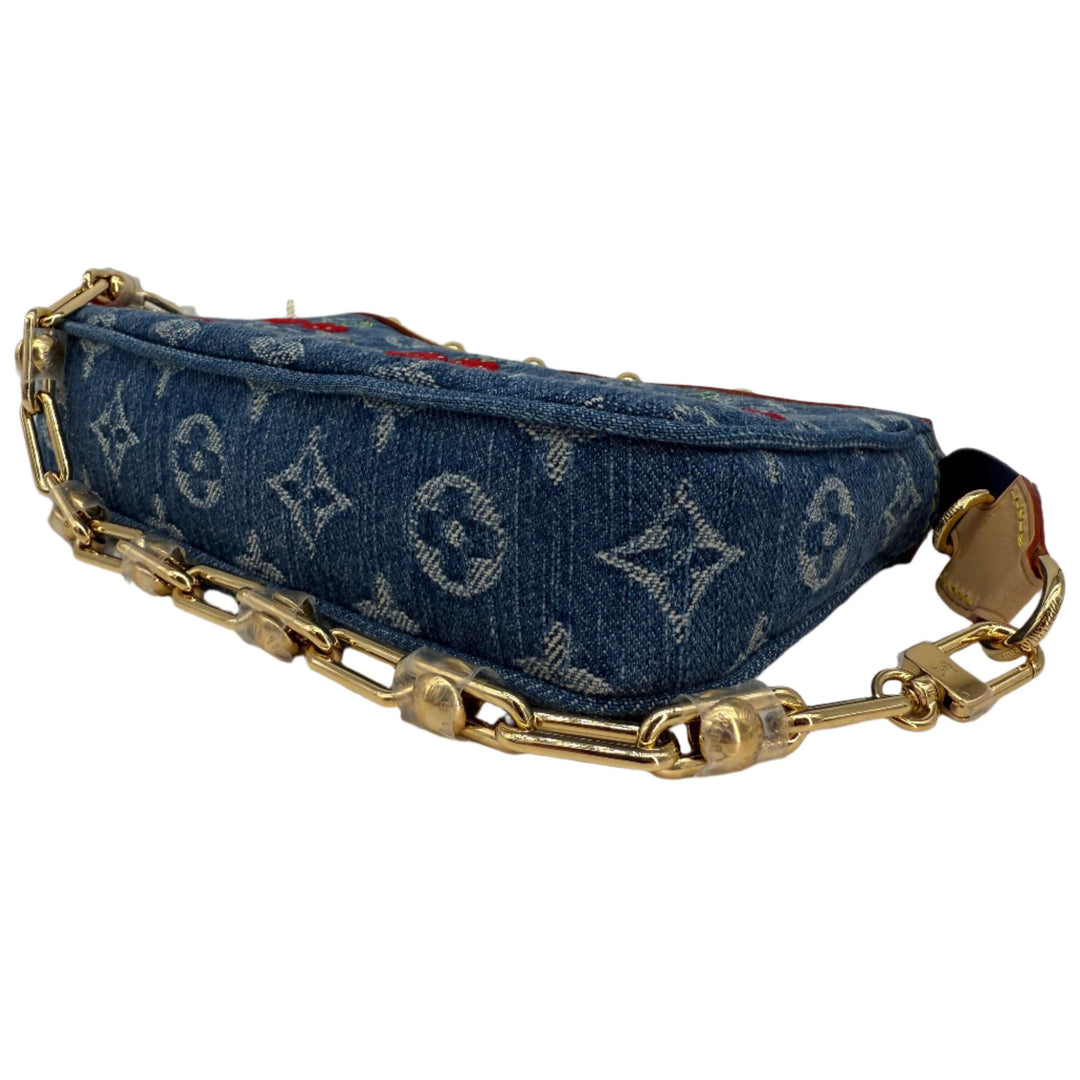 Authentic Louis Vuitton x Murakami Pochette Accessoires in Monogram Cherry Denim with gold chain, rare collectible handbag.