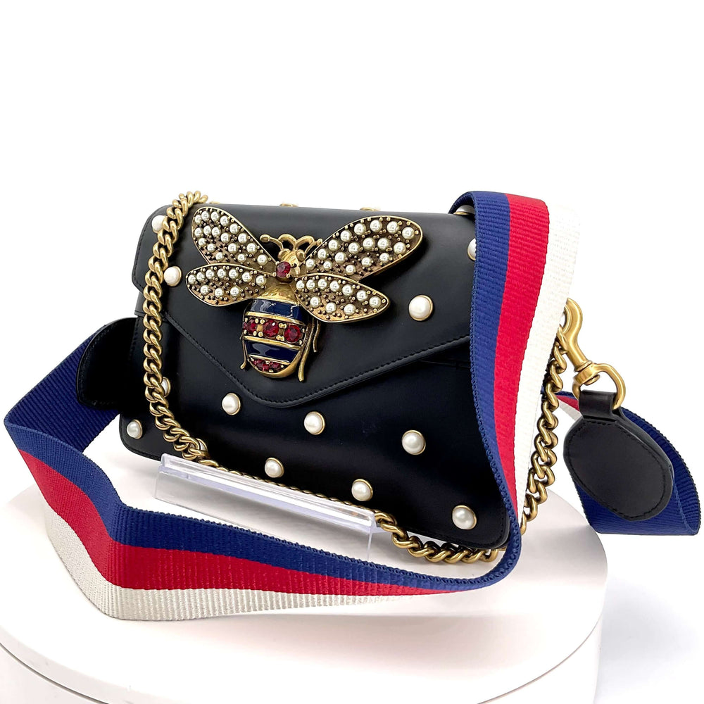 GUCCI Nappa Pearl Studded Mini Queen Margaret Broadway Shoulder Bag in Black|LuxLoveLouis | Add a striking element to your wardrobe with the GUCCI Nappa Pearl Studded Mini Queen Margaret Broadway Shoulder Bag in Black. This luxurious bag pairs classic bla