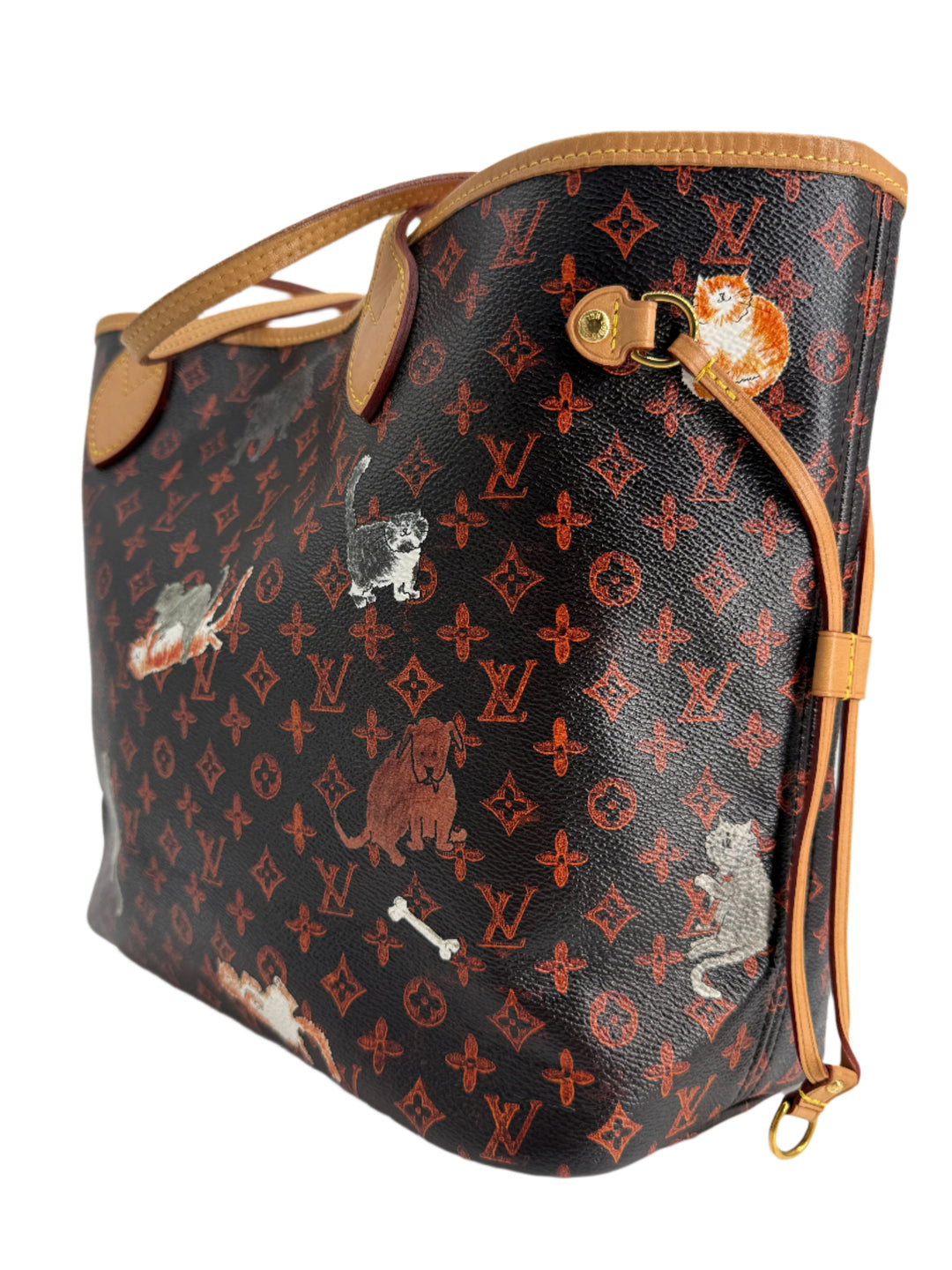 Louis Vuitton Catogram Neverfull MM – Marron Calfskin with Cats and Dogs Print