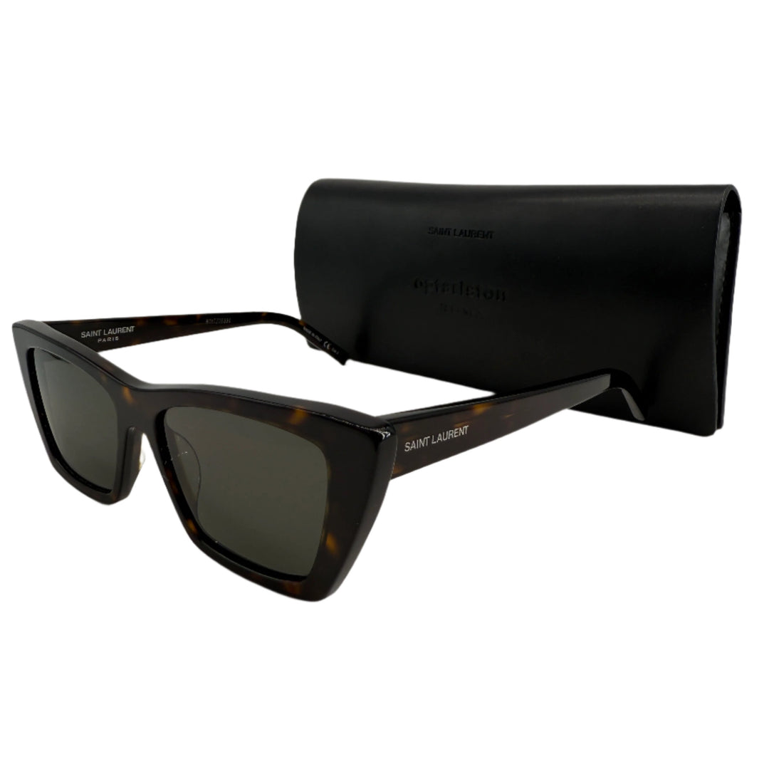 Saint Laurent Eyewear cat eye sunglasses with black case, handcrafted in Italy, featuring a bold and modern design.