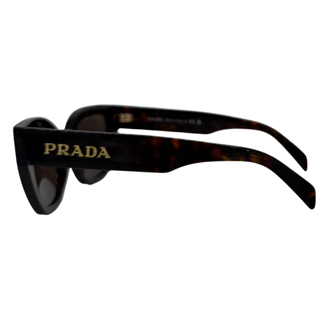 Prada sunglasses in briarwood tortoiseshell acetate showcasing logo on temple, elegant and stylish eyewear.