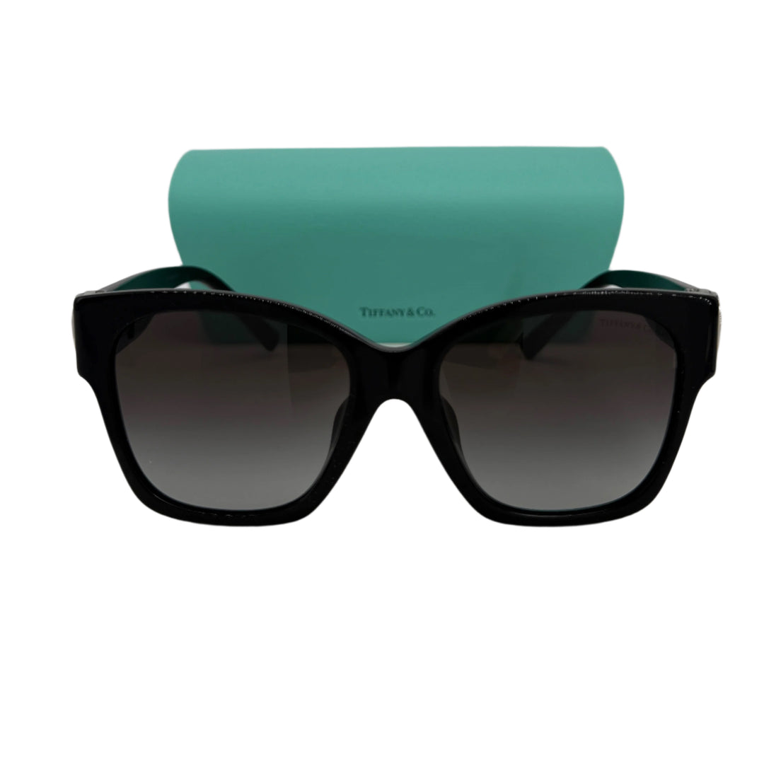 54mm gradient square sunglasses with heart temple detail, elegantly displayed with Tiffany & Co. case.
