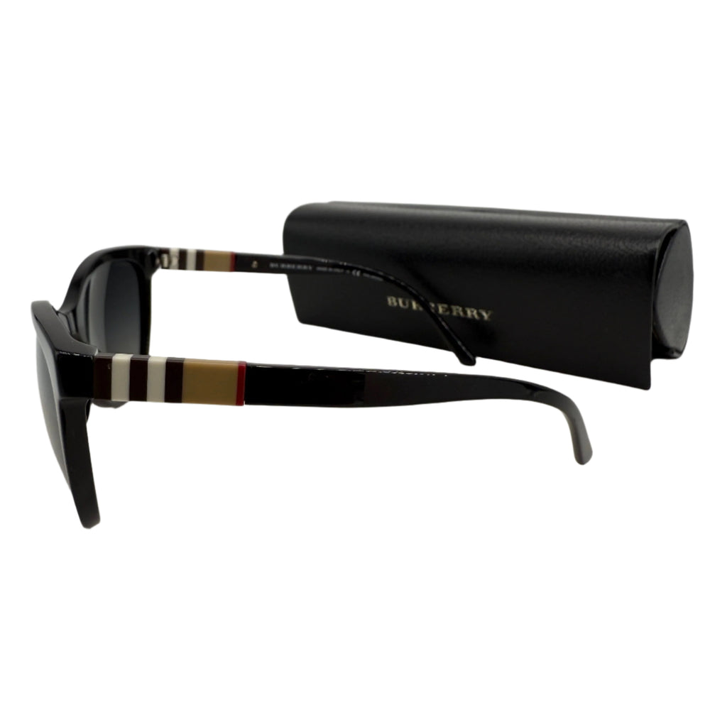 Burberry B4199 sunglasses in black acetate with stylish striped temple design and logo case.
