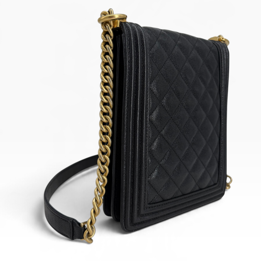 Chanel North South Boy Bag black quilted caviar leather rear angle with layered leather borders