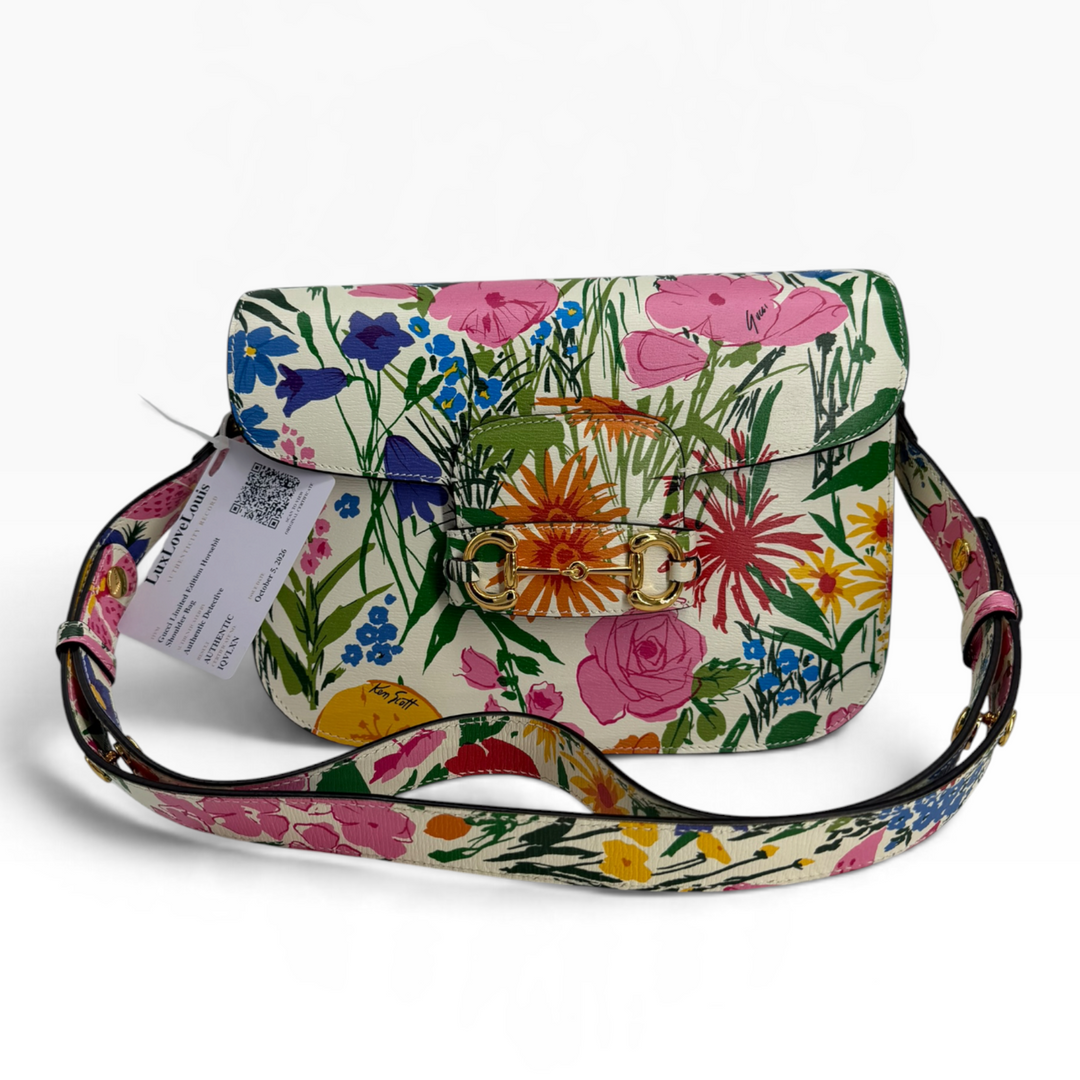 Gucci x Ken Scott Horsebit 1955 Medium shoulder bag front view showing colorful Shangai Pomponica floral print and gold-tone Horsebit hardware