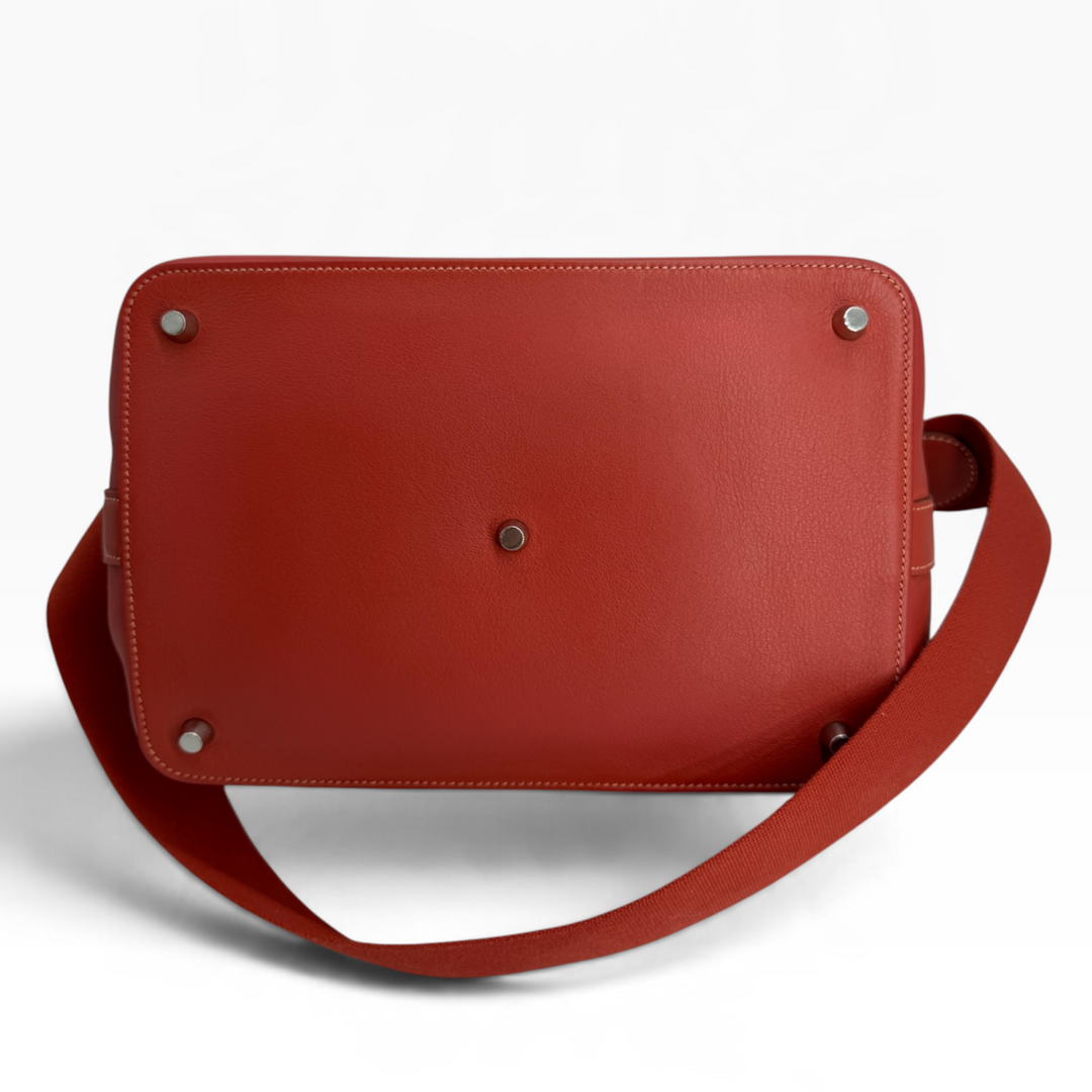 Hermès Toolbox 26 Capucine Swift leather bottom showing five palladium-tone protective feet and base stitching