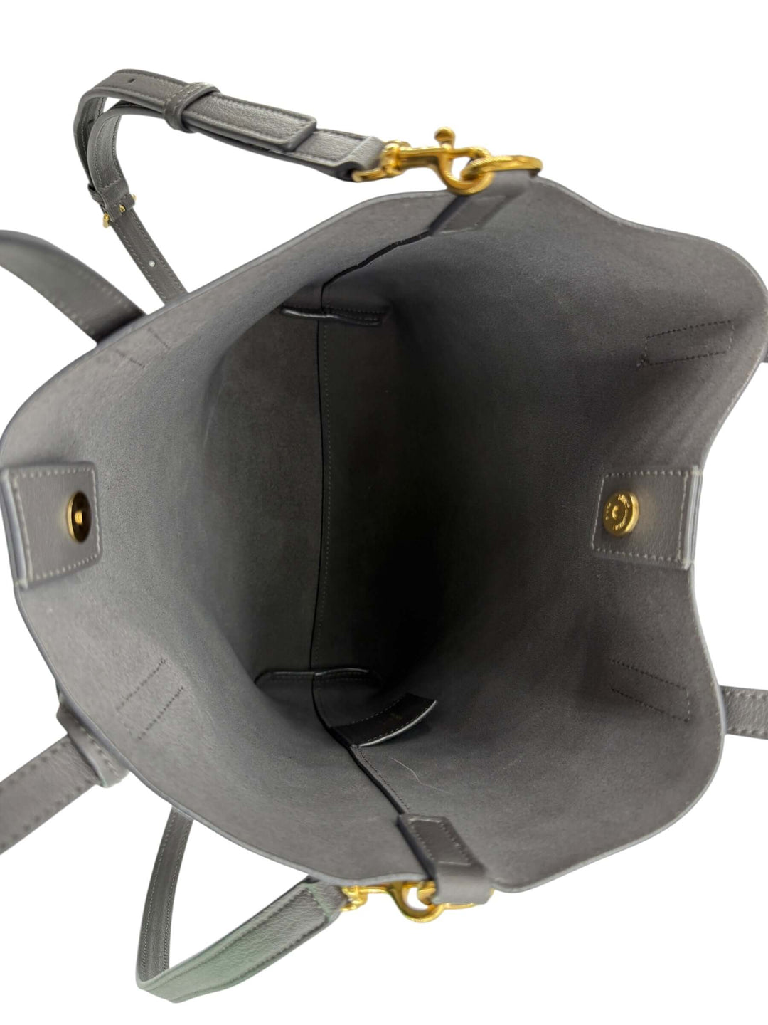 Interior view of the Saint Laurent Toy Shopping Bag in Charcoal Gray Leather | LuxLoveLouis, showcasing elegant design and spaciousness.