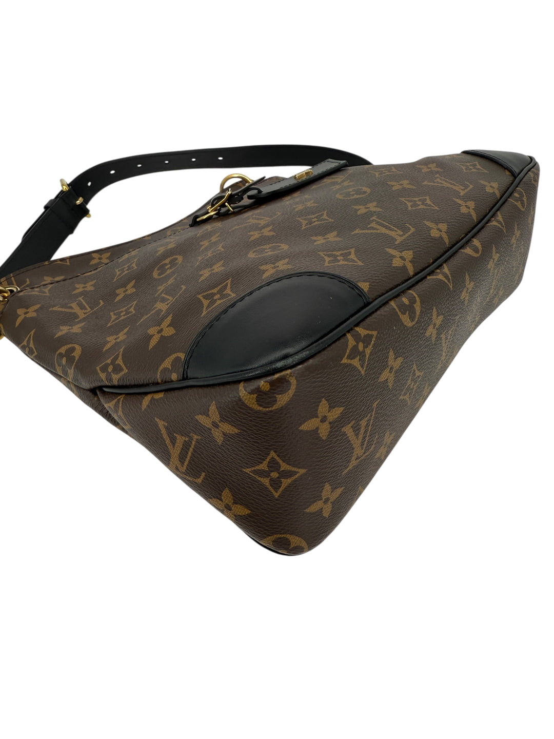 Louis Vuitton Monogram Odeon MM bag with black leather trim, stylish city-ready design for everyday use.