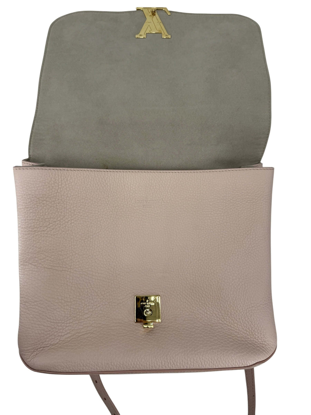 Louis Vuitton Taurillon Volta Magnolia Pink | Authentic | LuxLoveLouis interior view showcasing soft Taurillon leather and LV clasp.