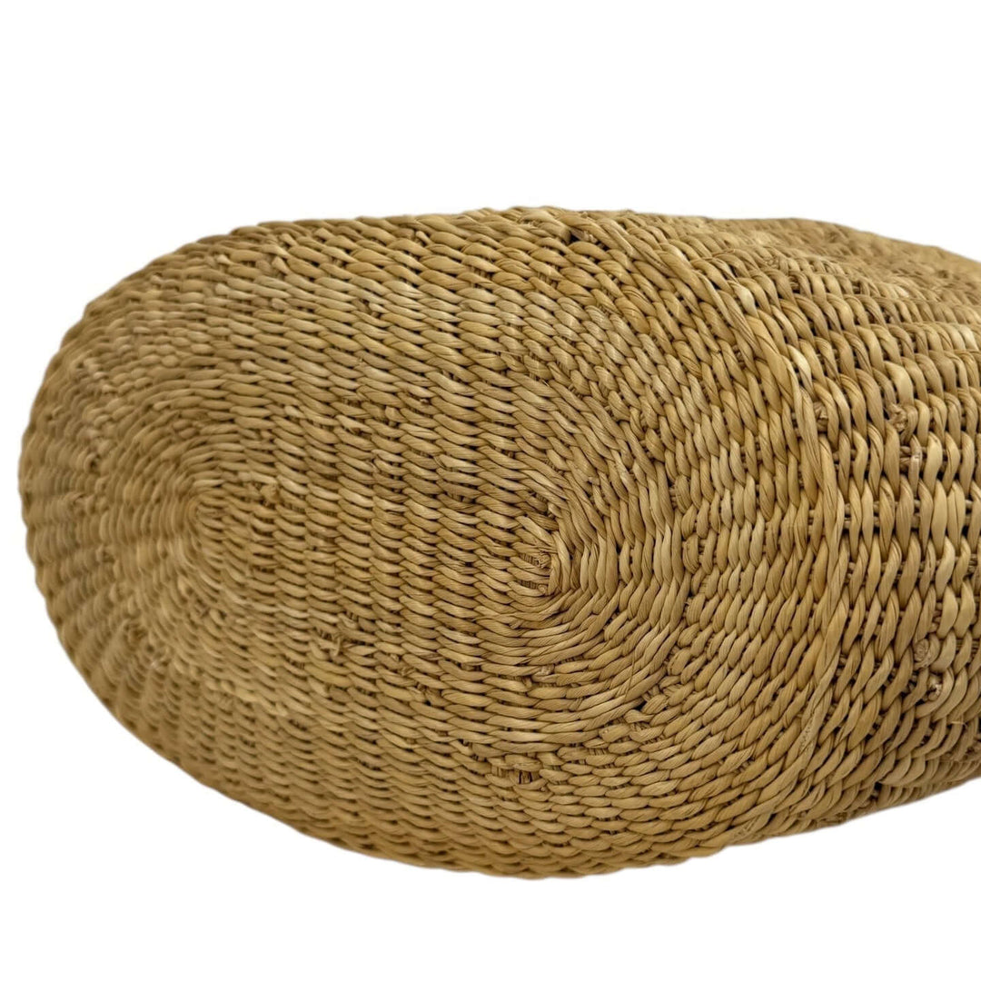 Loewe Raffia Basket Tote in Brown & Natural Tan | LuxLoveLouis bottom view showcasing natural raffia texture.