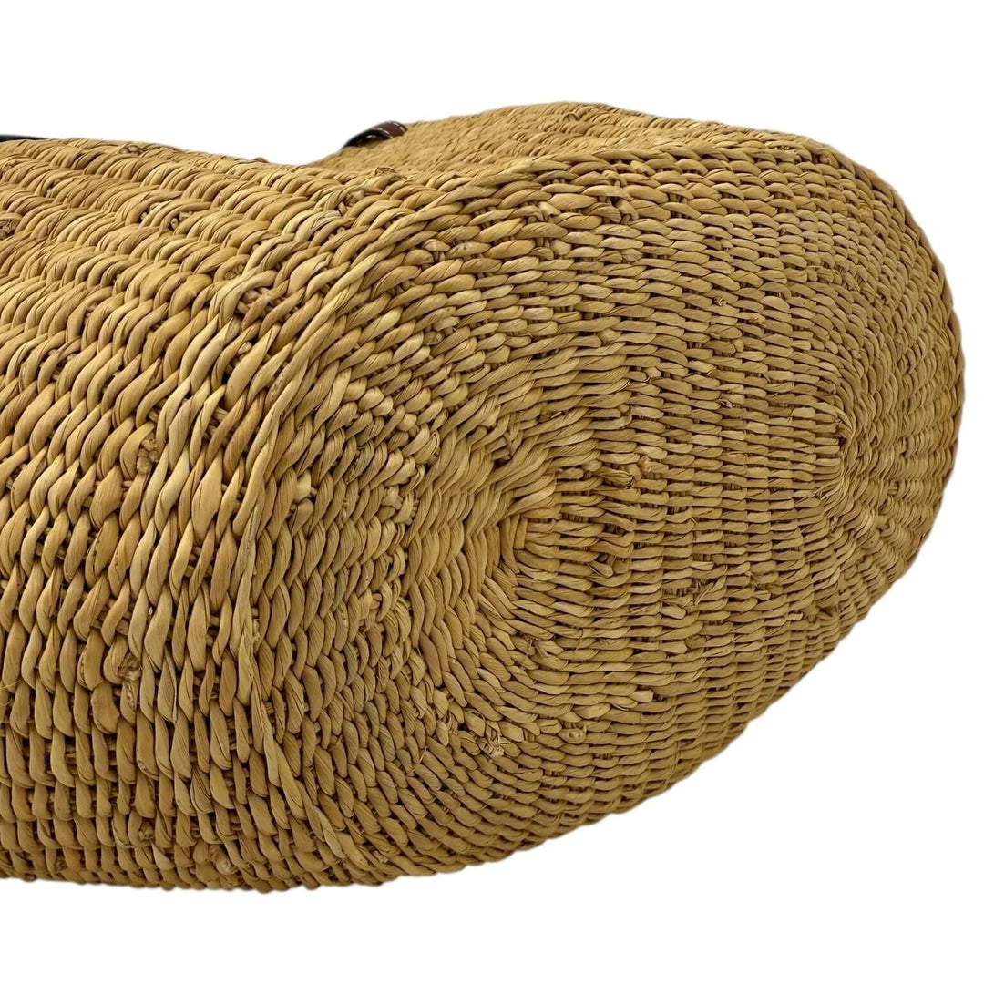 Loewe Raffia Basket Tote in Brown & Natural Tan | LuxLoveLouis showing intricate weaving details and natural texture.