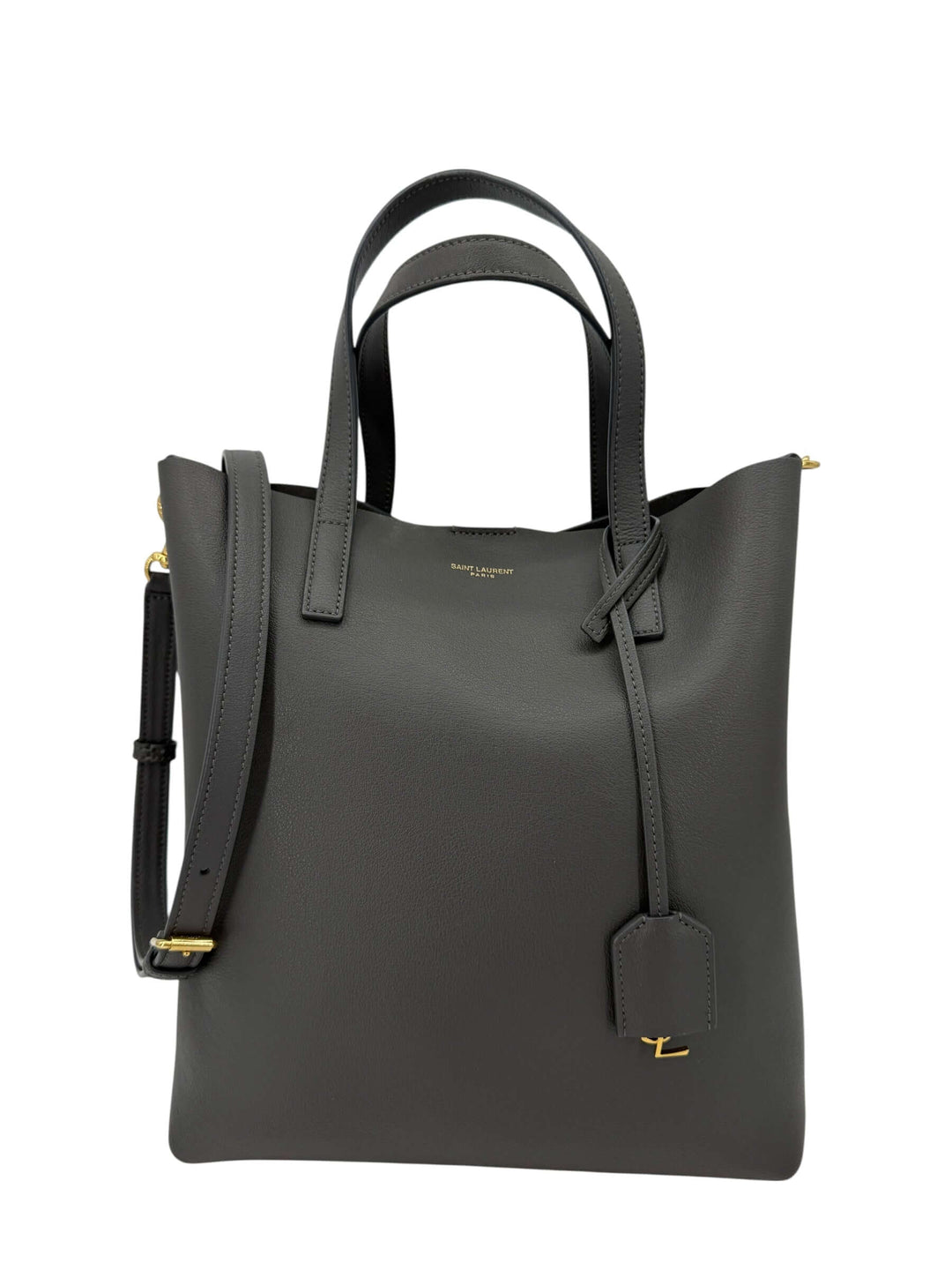 Saint Laurent Toy Shopping Bag in Charcoal Gray Leather | LuxLoveLouis, compact calfskin tote with detachable strap.