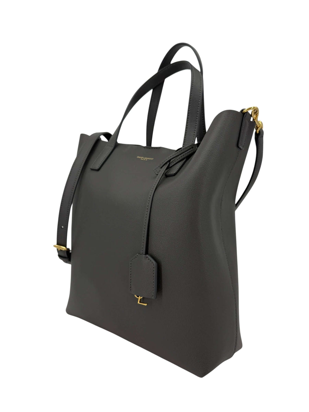 Saint Laurent Toy Shopping Bag in Charcoal Gray Leather | LuxLoveLouis side view showing smooth calfskin and detachable shoulder strap.