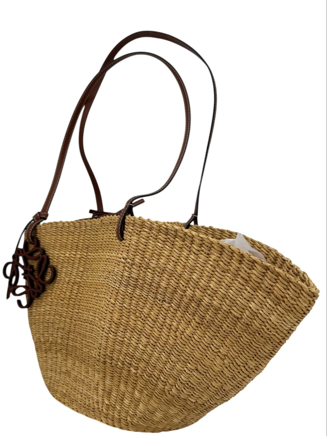 Loewe Raffia Basket Tote in Brown & Natural Tan | LuxLoveLouis showcasing natural raffia and refined leather accents.